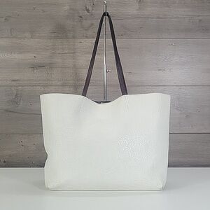 Large B. May White Tooled Leather Tote Bag with Brown Handles
